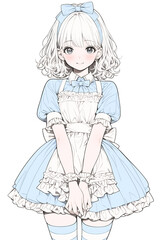 Fototapeta premium 不思議の国のアリスのような衣装を着た少女が登場する、繊細な線と色彩で描かれた手描きアニメ風イラスト。メルヘン、コスプレ、幻想少女などのキーワードに最適な素材。