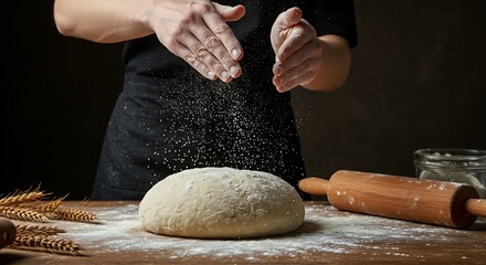Baker sprinkling flour on dough on a wooden table with wheat and rolling pin, preparing homemade bread in a rustic kitchen for a healthy meal