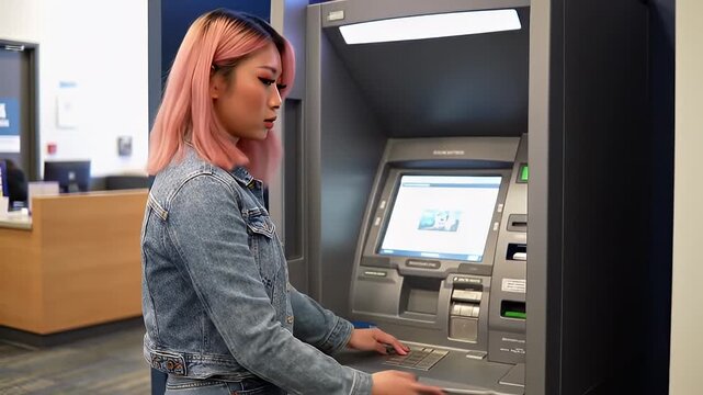 Person using an ATM in a bank