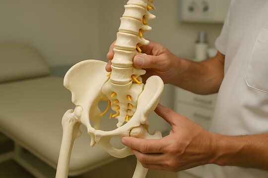 Healthcare professional demonstrating human spine anatomy using a 3D model for patient education and chiropractic treatment explanation