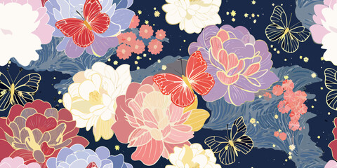 Elegant floral pattern with butterflies and peonies in a dark blue background © Ripan