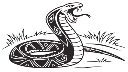Naklejka premium Illustration of a stylized snake with geometric patterns in a grassy environment menacingly poised