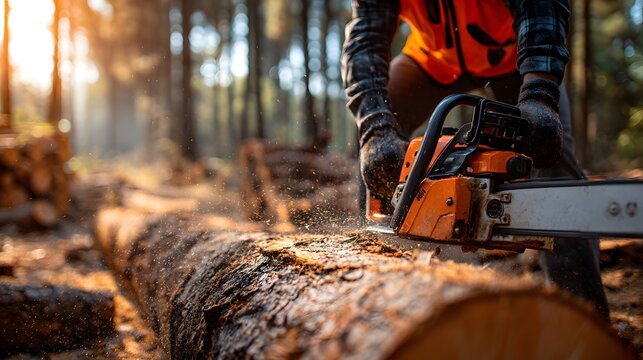 Forstarbeiter zers&auml;gt Baumstamm mit Motors&auml;ge im Wald bei Sonnenaufgang
