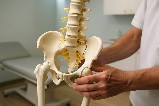 Physiotherapist showing detailed spinal structure with anatomical model during consultation for health education and spinal care
