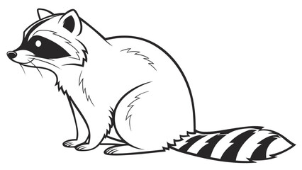 Obraz premium A cartoon raccoon sitting with its striped tail visible and black mask on its face in black and white
