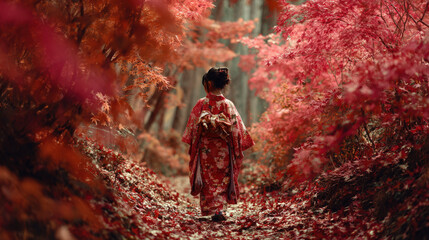 Child in kimono walking through vibrant autumn forest japan photography nature close-up cultural exploration