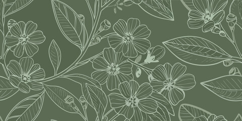 Elegant floral pattern with delicate flowers and leaves in a soft green hue