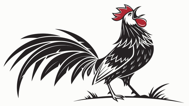 Illustration of a stylized rooster crowing with a red comb and wattle on a white background design
