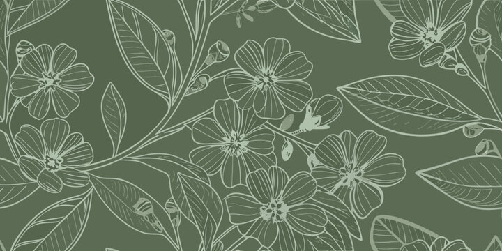Elegant floral pattern with delicate flowers and leaves in a soft green hue