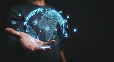 A digital globe in a persons hand, symbolizing global technology, network connections, and future innovation in the era of digital transformation