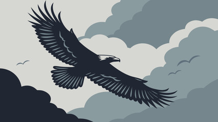 Fototapeta premium Eagle soaring through a cloudy sky with wings spread wide and smaller birds flying in the distance above clouds