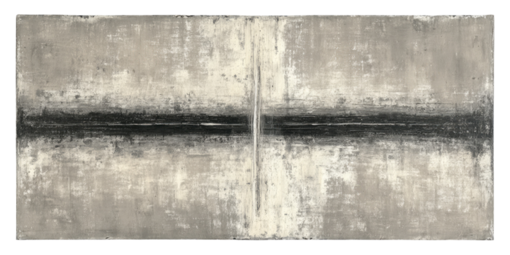 Abstract grayscale artwork featuring a central horizontal dark line,  with textured, mottled gray and white tones