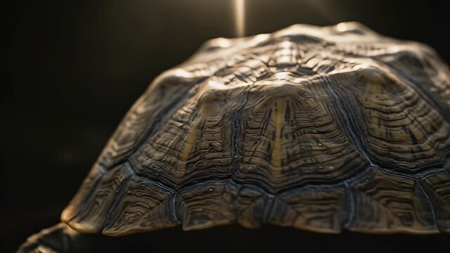 Close up of a textured turtle shell in dim light, showing dark brown and tan patterns