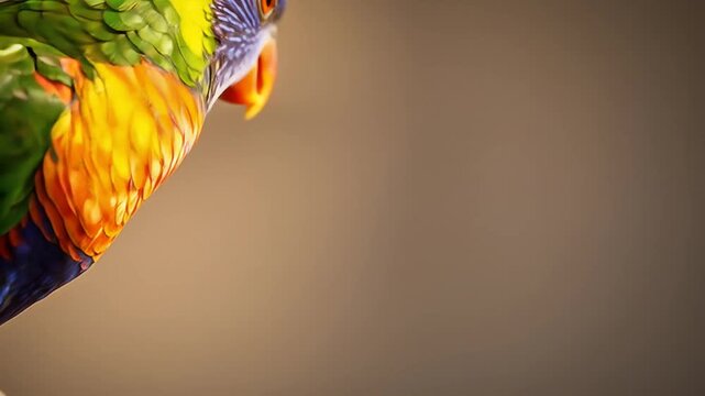 Vivid, colorful parrot with green, yellow, and blue plumage on a neutral background