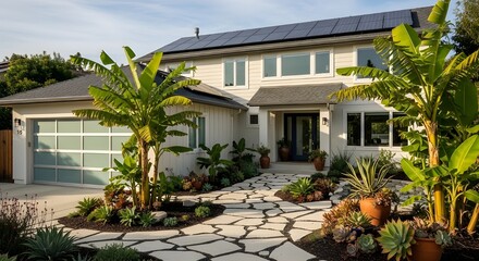 Suburban two-story house with solar panels and tropical plants in front yard