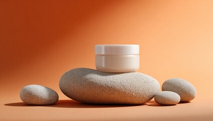 A white cosmetic jar sits atop smooth, light gray stones on a warm orange background