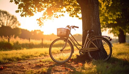 Obraz premium A vintage bicycle with a basket rests against a tree in a sundrenched park during golden hour. Ideal for themes of relaxation, nature, and summer adventures.