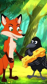 clever fox tricks a greedy crow to get a piece of cheese, set in a lush forest with cartoon-style animation, narrated like a fable."
