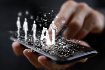 Hands hold phone, AI concept, graphic overlay