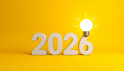 The year 2026 illustrated with a lightbulb on a sunny yellow backdrop