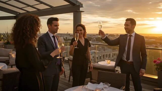 Business professionals enjoying a sunset rooftop party