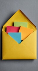 Yellow envelope, open, filled with colorful sticky notes