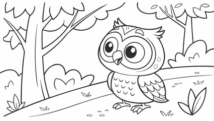 Vector Cartoon funny Owl, funny image in the forest, Coloring book page for children. Line Art isolated on white background