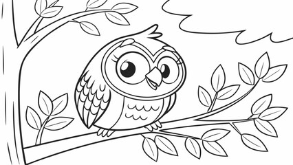 Vector Cartoon funny Owl, funny image in the forest, Coloring book page for children. Line Art isolated on white background
