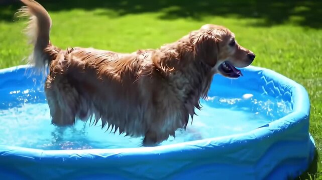 Golden retriever stands in a blue wading pool, wet fur, grass lawn in background