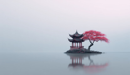 Fototapeta premium Serenity in the Mist: A Chinese Pagoda and Sakura Tree