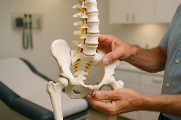 Chiropractor explaining spine structure with anatomical model for patient treatment and education chiropractor health therapies treatment