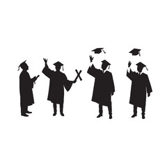 Group of Graduates Throwing Hats Silhouette on White Background – Vector Illustration for Celebration, Achievement, and Academic Success Concepts