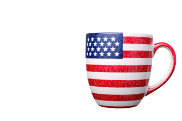 Bold mug featuring American flag design against transparent background