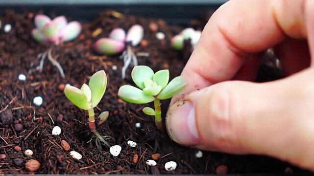 Newly-planted succulents in rich soil with rocks and perlite, focused and close-up