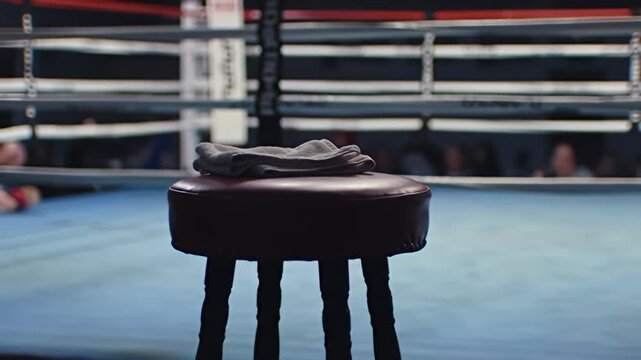 Stool with towel rests in an empty boxing ring, silhouetted, lit in cool toned lighting