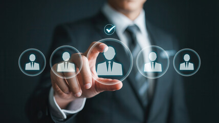 Expertly selecting the perfect candidate from a digital employee selection interface, highlighting professional recruitment and HR strategies