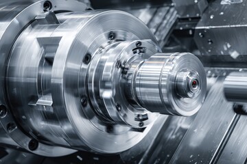 Close-up of a metalworking machine tool. Precision components in motion