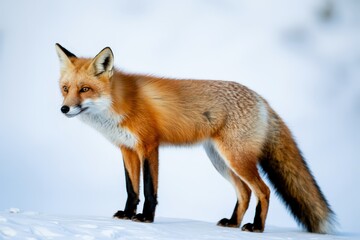 Fototapeta premium A majestic red fox stands alertly in a snowy winter landscape