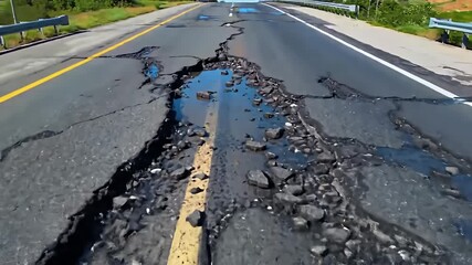 Severely damaged road with large potholes and standing water on a sunny day