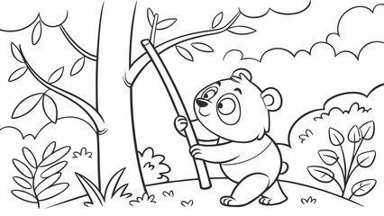 Vector Cartoon funny Panda, funny image in the forest, Coloring book page for children. Line Art isolated on white background
