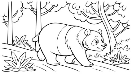 Vector Cartoon funny Panda, funny image in the forest, Coloring book page for children. Line Art isolated on white background