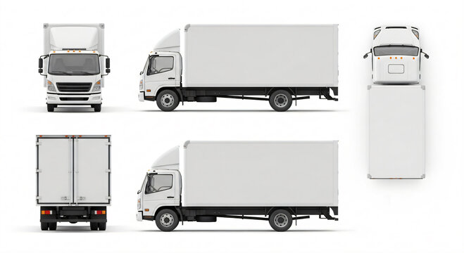 Multiple views of a white box truck, including front, side, top, and rear perspectives.