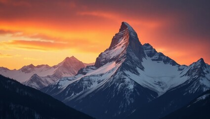 Obraz premium Crimson Mountain – Majestic Snow-Capped Peak in Golden Sunset Glow Illustration