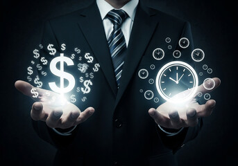 Businessman balancing money and time with glowing symbols in his hands