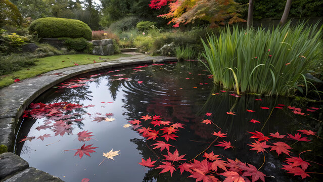 Explore serene autumn pond with maple leaves reflections and tranquil garden in beautiful nature scene