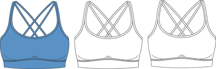 Crisscross strap sports bra views, scoop neckline design, blue fashion sketch, wide underband support, technical drawing, garment template, vector apparel mockup.