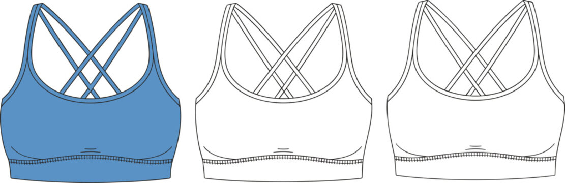 Crisscross strap sports bra views, scoop neckline design, blue fashion sketch, wide underband support, technical drawing, garment template, vector apparel mockup.