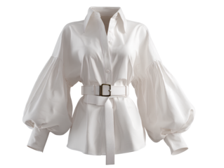  White shirt with balloon sleeves and waist belt, white background