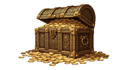 treasure box filled with gold isolated on transparent background ,gold treasure box ,generative ai
