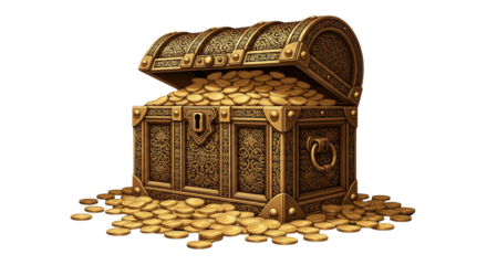 treasure box filled with gold isolated on transparent background ,gold treasure box ,generative ai
